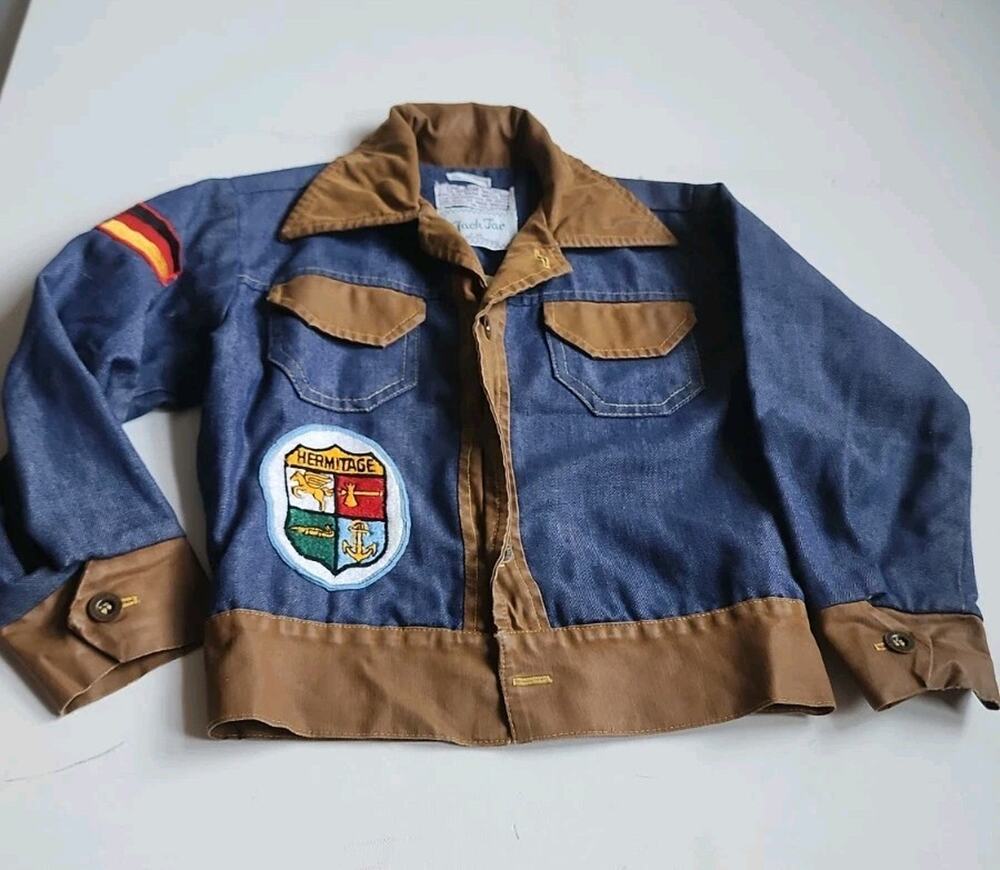 Vtg Jack Tar Togs Kids Denim Jacket Two Tone Leather Trim School Patch Size 4 5